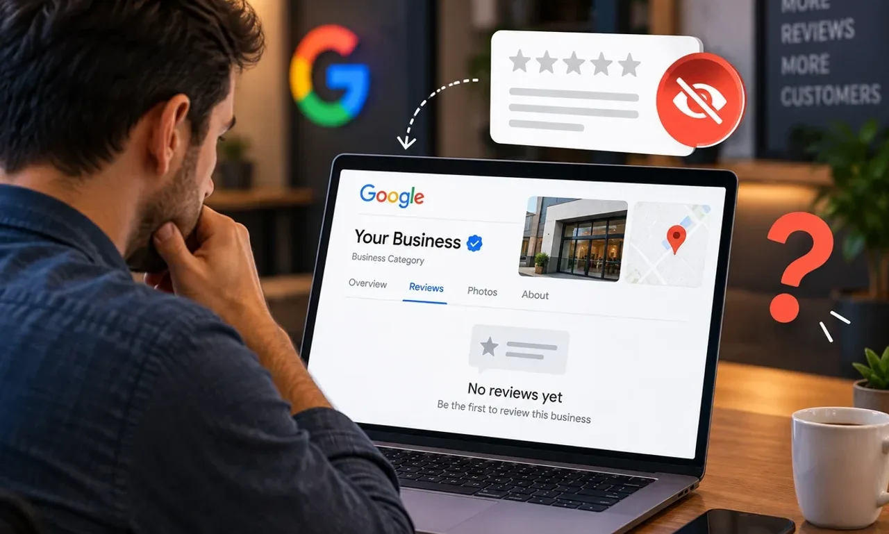 Business owner looking at a Google Business Profile reviews tab that reads No reviews yet, with a five-star review card and a hidden icon floating above the laptop
