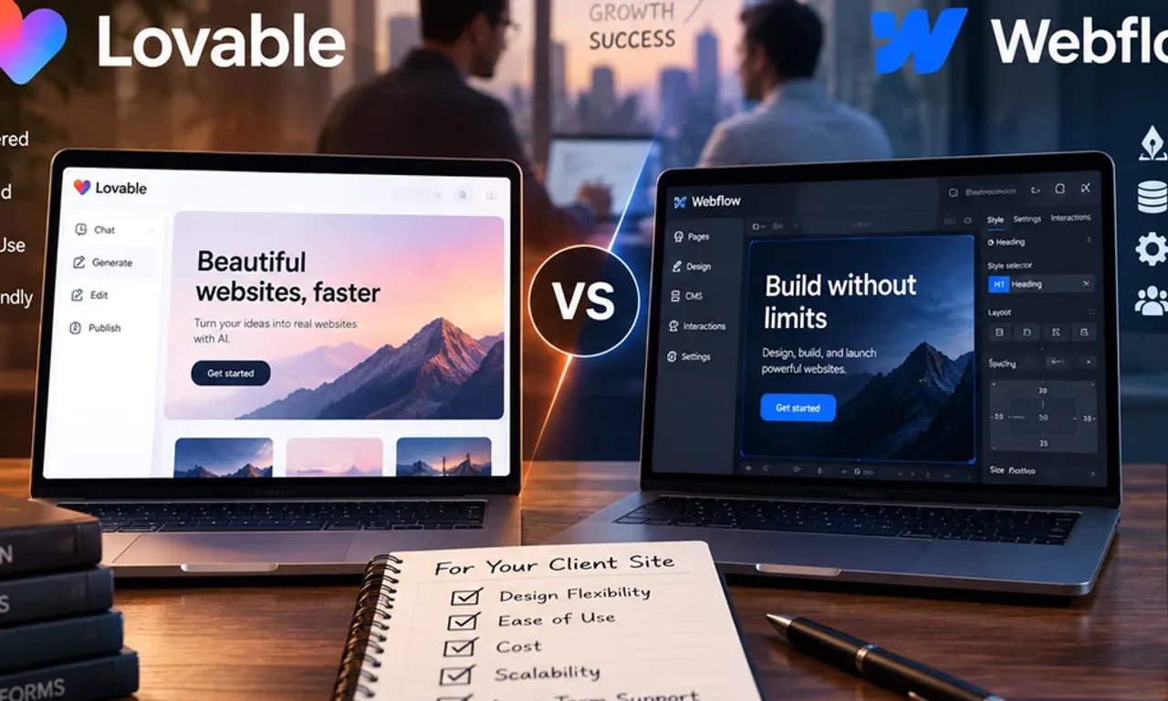 Lovable and Webflow shown side by side on two laptops with a versus badge, comparing AI website building against visual design for client sites